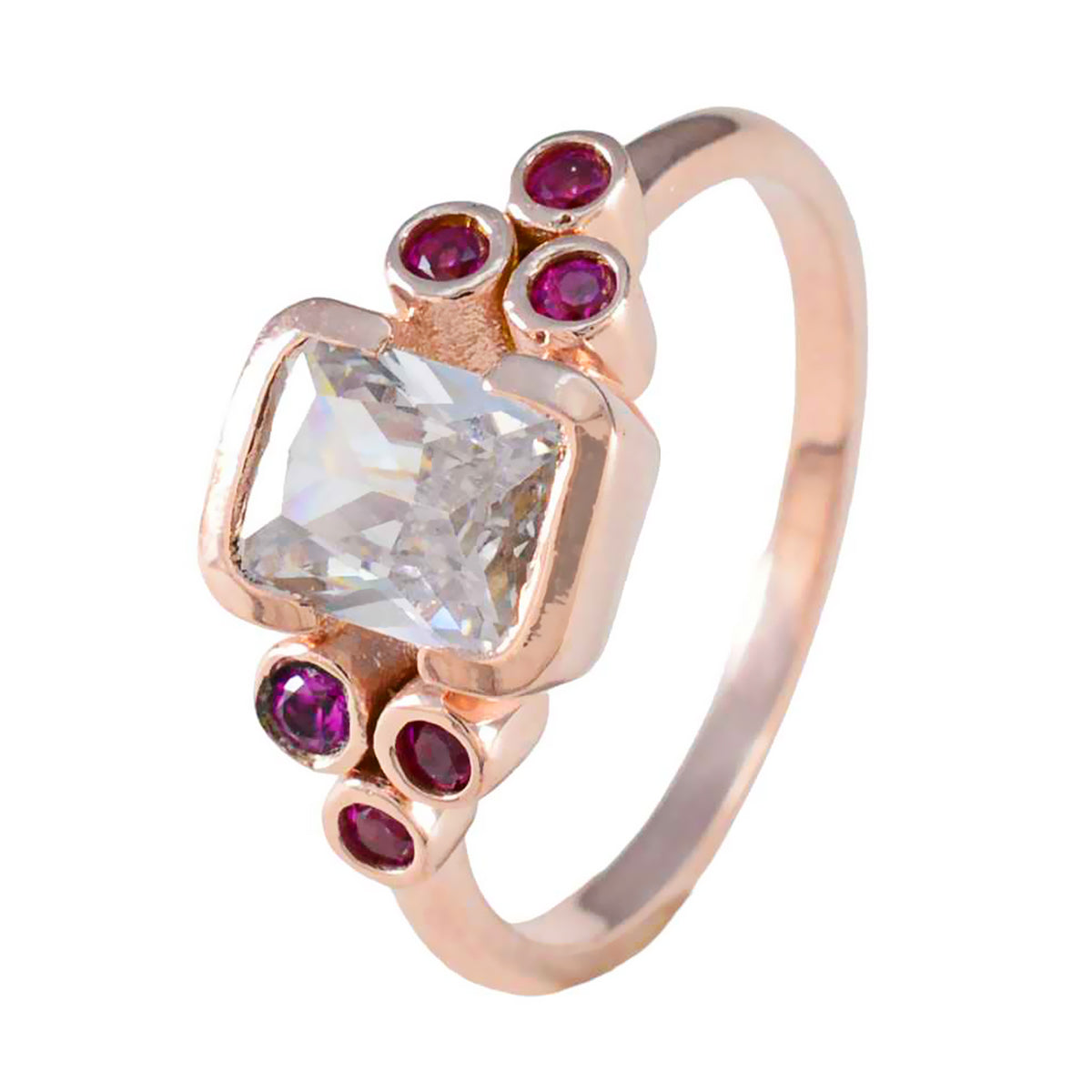 Riyo Quantitative Silver Ring With Rose Gold Plating Ruby CZ Stone Octagon Shape Bezel Setting Designer Jewelry Cocktail Ring
