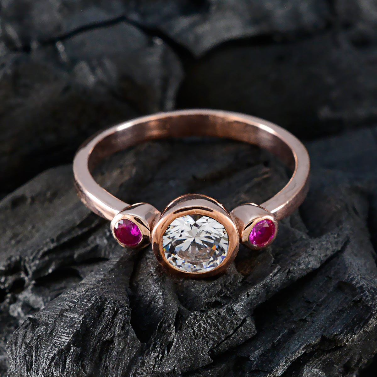 Anillo de plata raro riyo con chapado en oro rosa, piedra de rubí cz, forma redonda, engaste de bisel, joyería, anillo de Pascua