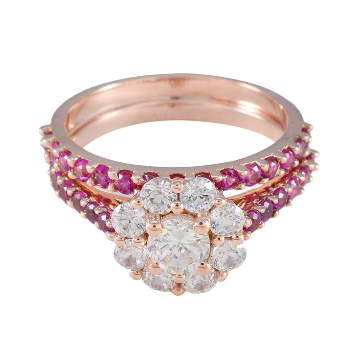 Riyo Suppiler Silver Ring With Rose Gold Plating Ruby CZ Stone Round Shape Prong Setting Bridal Jewelry Fathers Day Ring