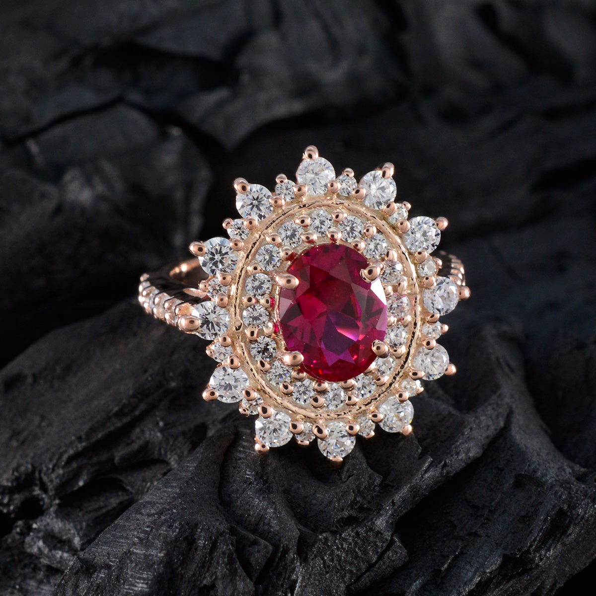 riyo total silverring med roséguldplätering rubin cz sten oval form stiftinställning snygga smycken mors dag ring