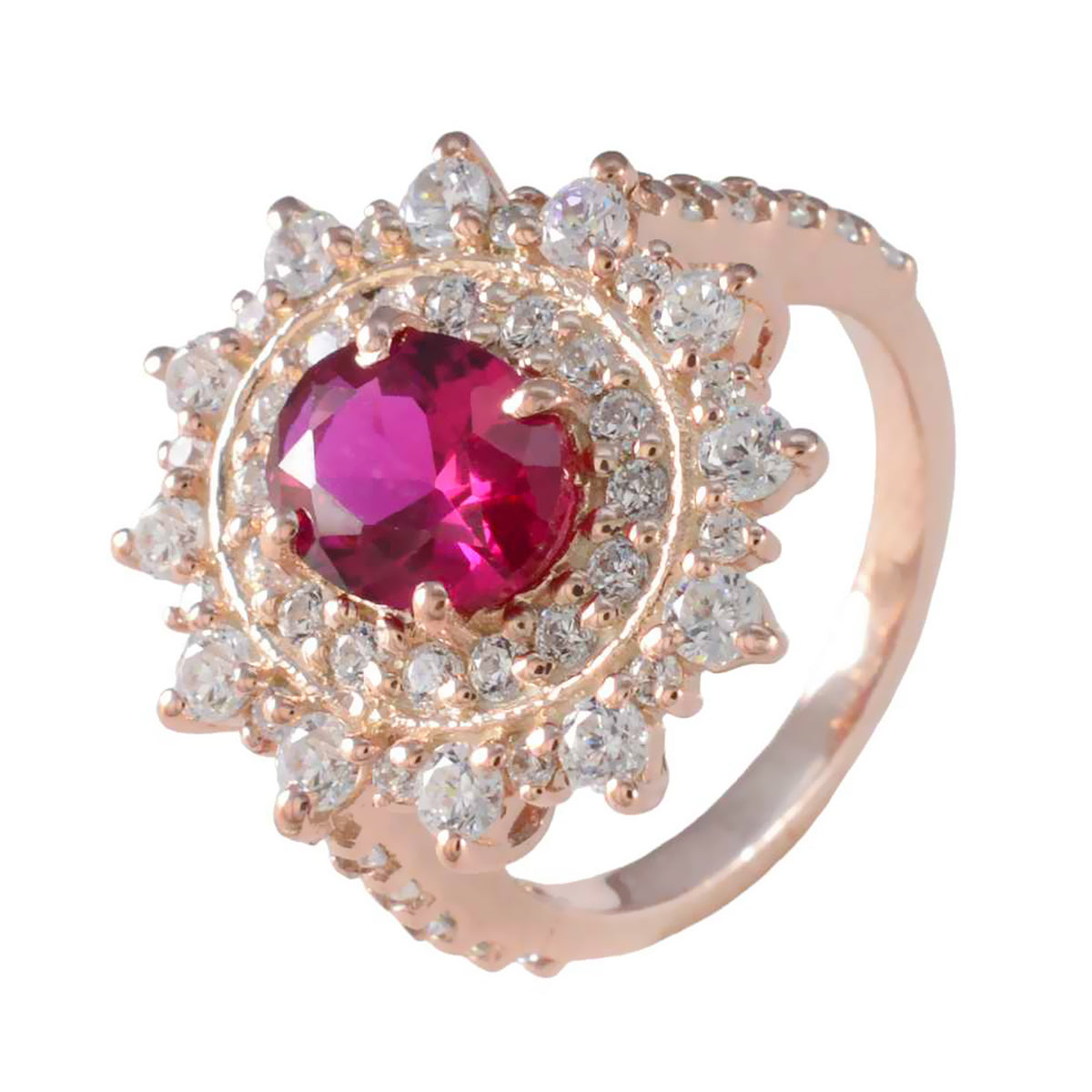 Riyo Total Silver Ring With Rose Gold Plating Ruby CZ Stone Oval Shape Prong Setting Stylish Jewelry Mothers Day Ring