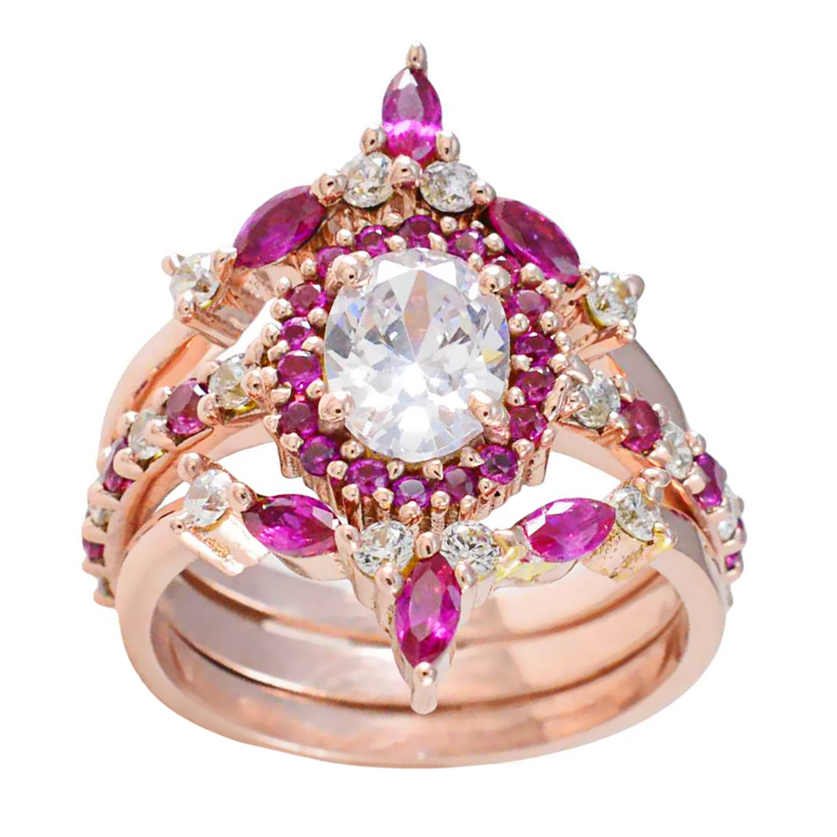 Riyo, venta al por mayor, anillo de plata con chapado en oro rosa, piedra de rubí cz, forma ovalada, ajuste de punta, joyería de diseño, anillo de Acción de Gracias