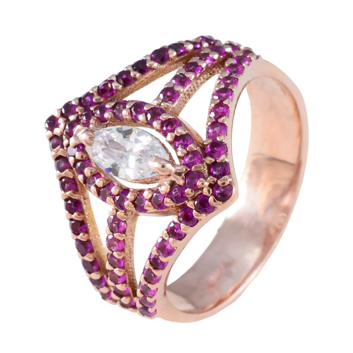 riyo bedårande silverring med roséguldplätering rubin cz sten markis form uttag inställning smycken alla hjärtans dag ring