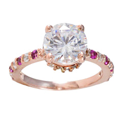 anello riyo in argento antico con placcatura in oro rosa, rubino, pietra cz, forma rotonda, montatura a punta, fede nuziale con gioielli antichi