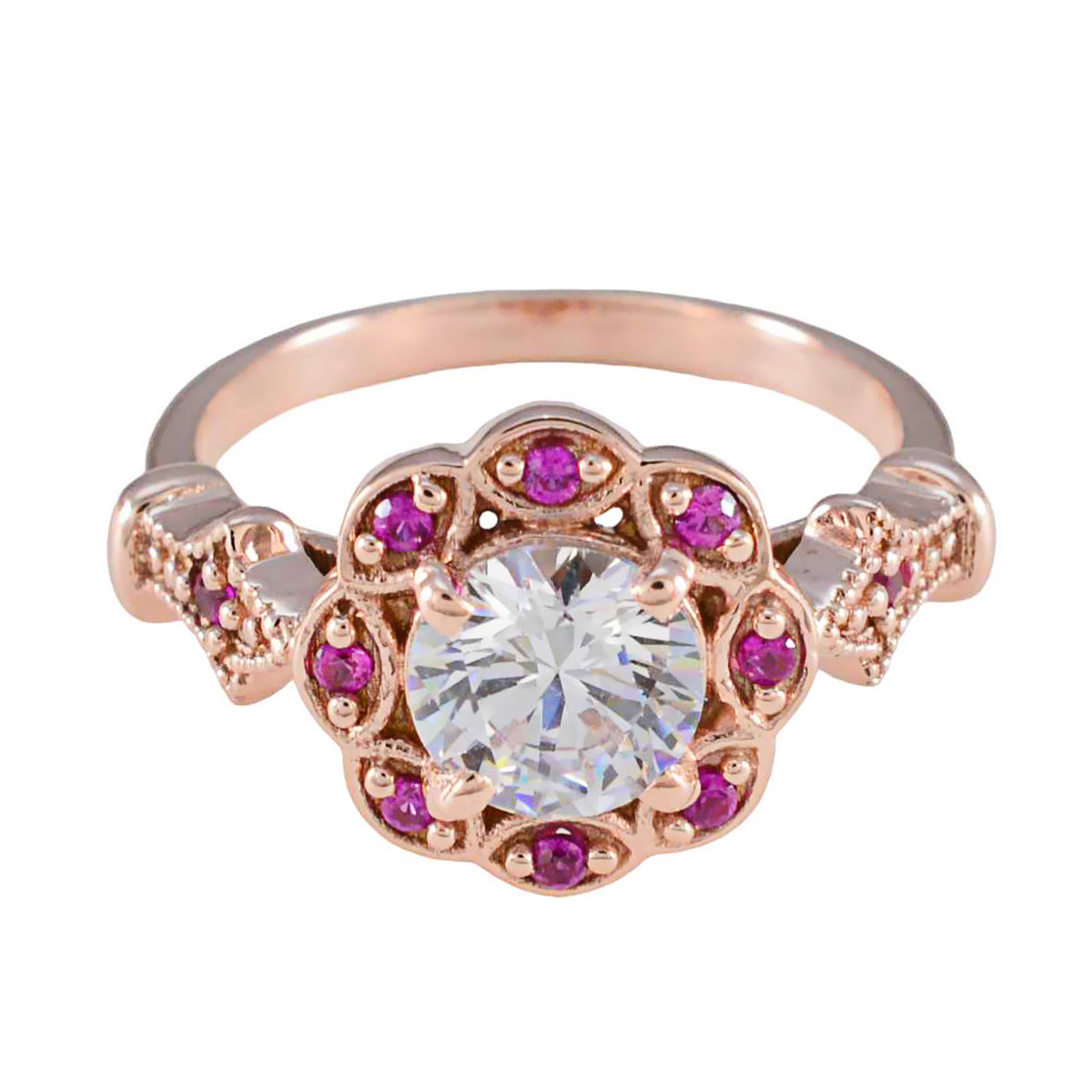 Привлекательное серебряное кольцо riyo с покрытием из розового золота, рубин, камень cz, круглая форма, зубец, свадебные украшения, юбилейное кольцо