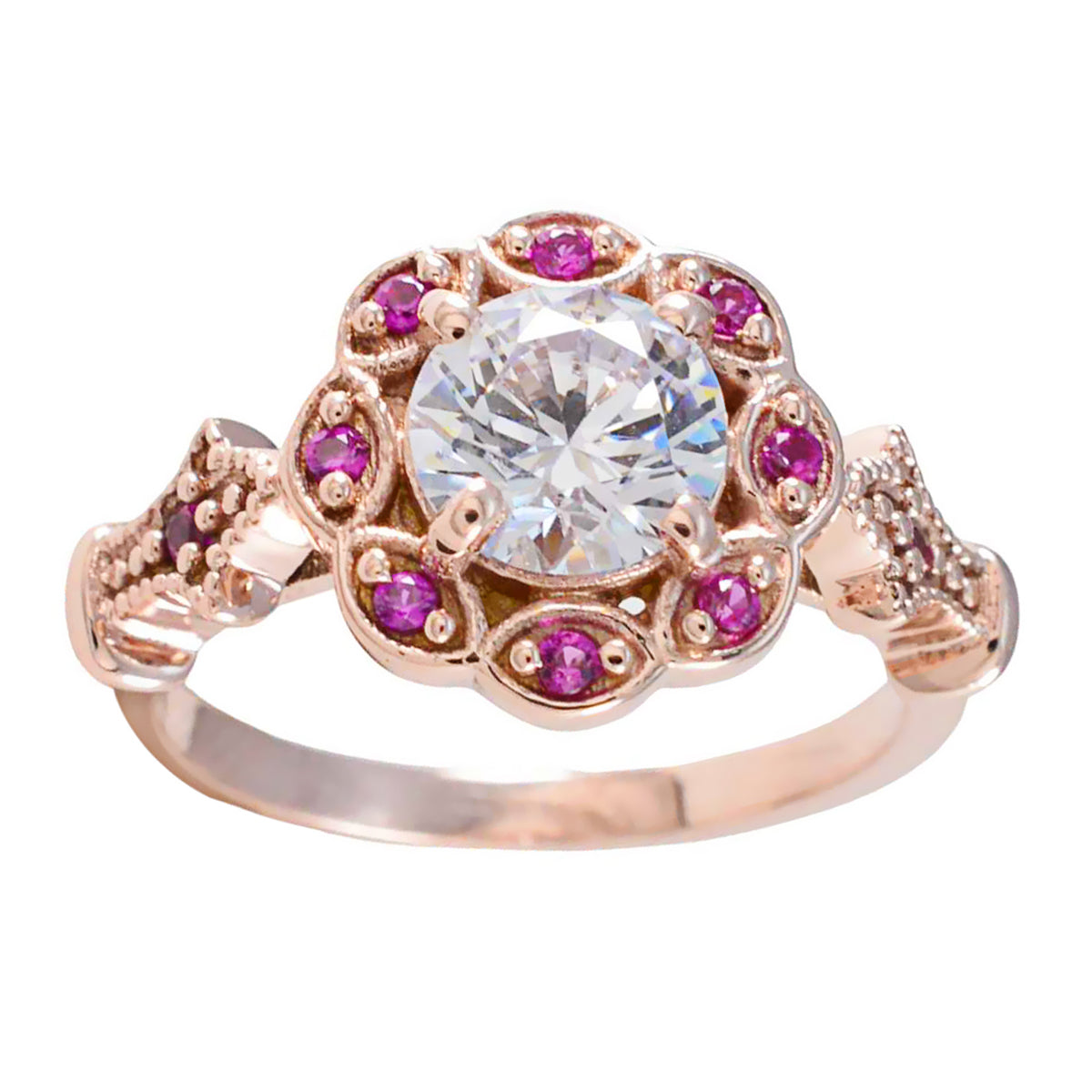 riyo attraente anello in argento con placcatura in oro rosa rubino cz pietra a forma rotonda con montatura a punta anello per anniversario di gioielli da sposa