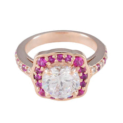 Hermoso anillo de plata riyo con chapado en oro rosa, piedra de rubí cz, ajuste de punta redonda, joyería hecha a mano, anillo de cumpleaños