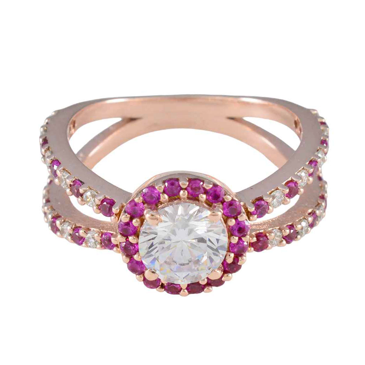 Riyo Bulk Silver Ring With Rose Gold Plating Ruby CZ Stone Round Shape Prong Setting Stylish Jewelry Christmas Ring