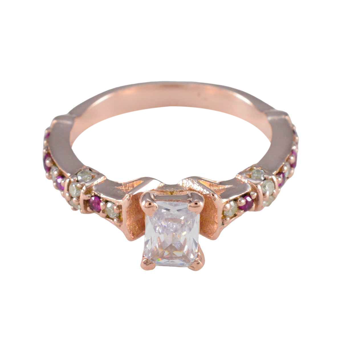 Riyo Charming Silver Ring With Rose Gold Plating Ruby CZ Stone Octagon Shape Prong Setting Fashion Jewelry Cocktail Ring