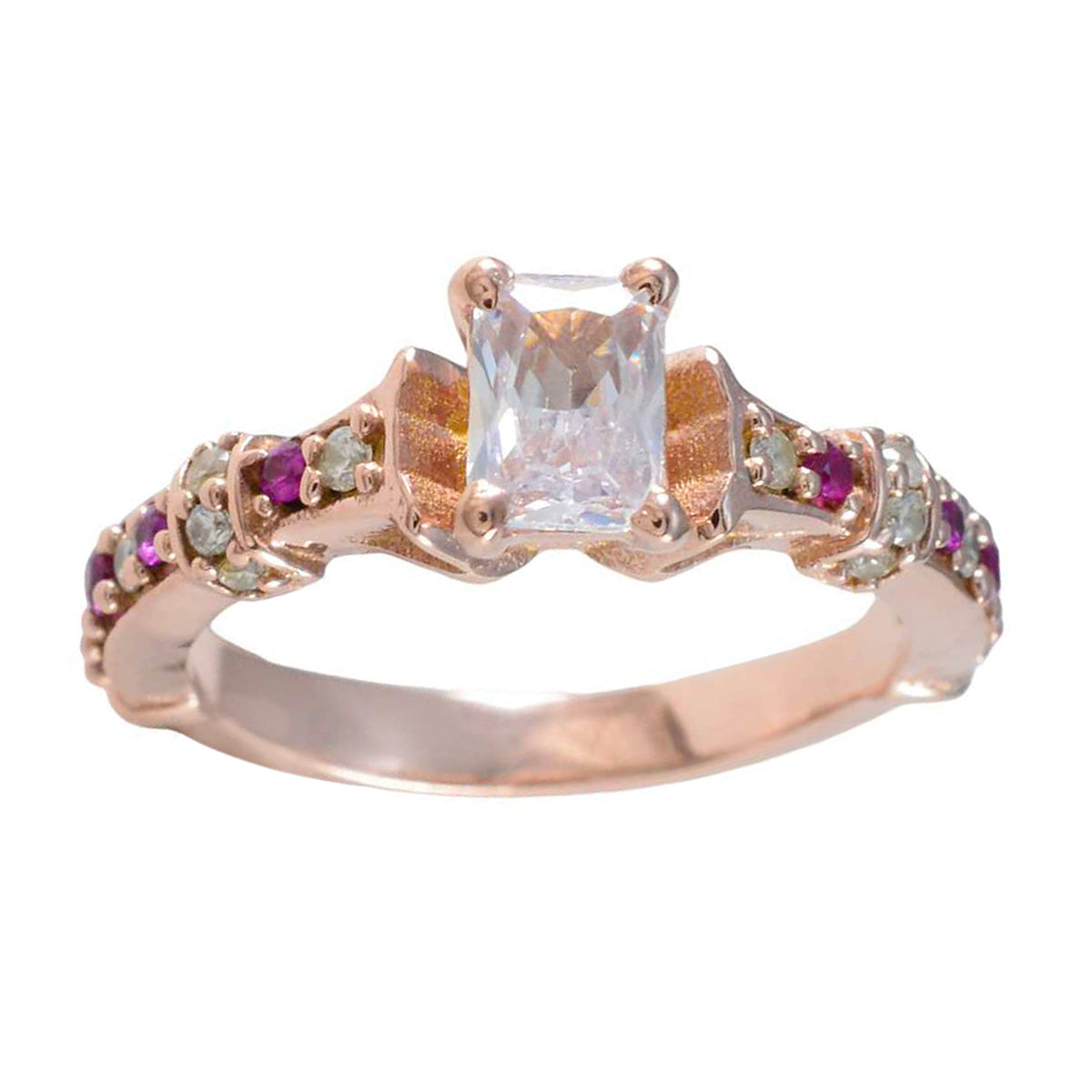 Riyo Charming Silver Ring With Rose Gold Plating Ruby CZ Stone Octagon Shape Prong Setting Fashion Jewelry Cocktail Ring