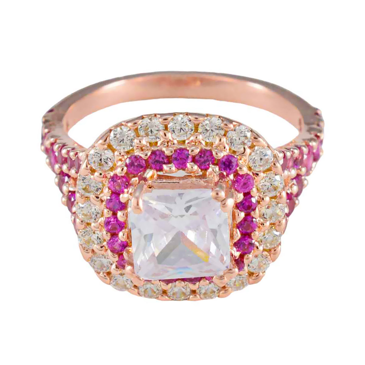 Riyo Choice Silver Ring With Rose Gold Plating Ruby CZ Stone square Shape Prong Setting Designer Jewelry Easter Ring