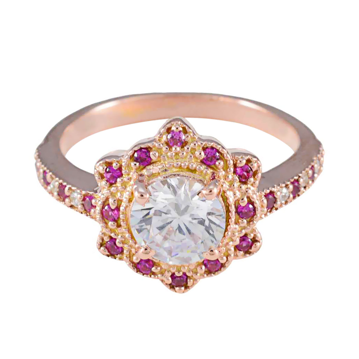 Riyo Classical Silver Ring With Rose Gold Plating Ruby CZ Stone Round Shape Prong Setting  Jewelry Engagement Ring