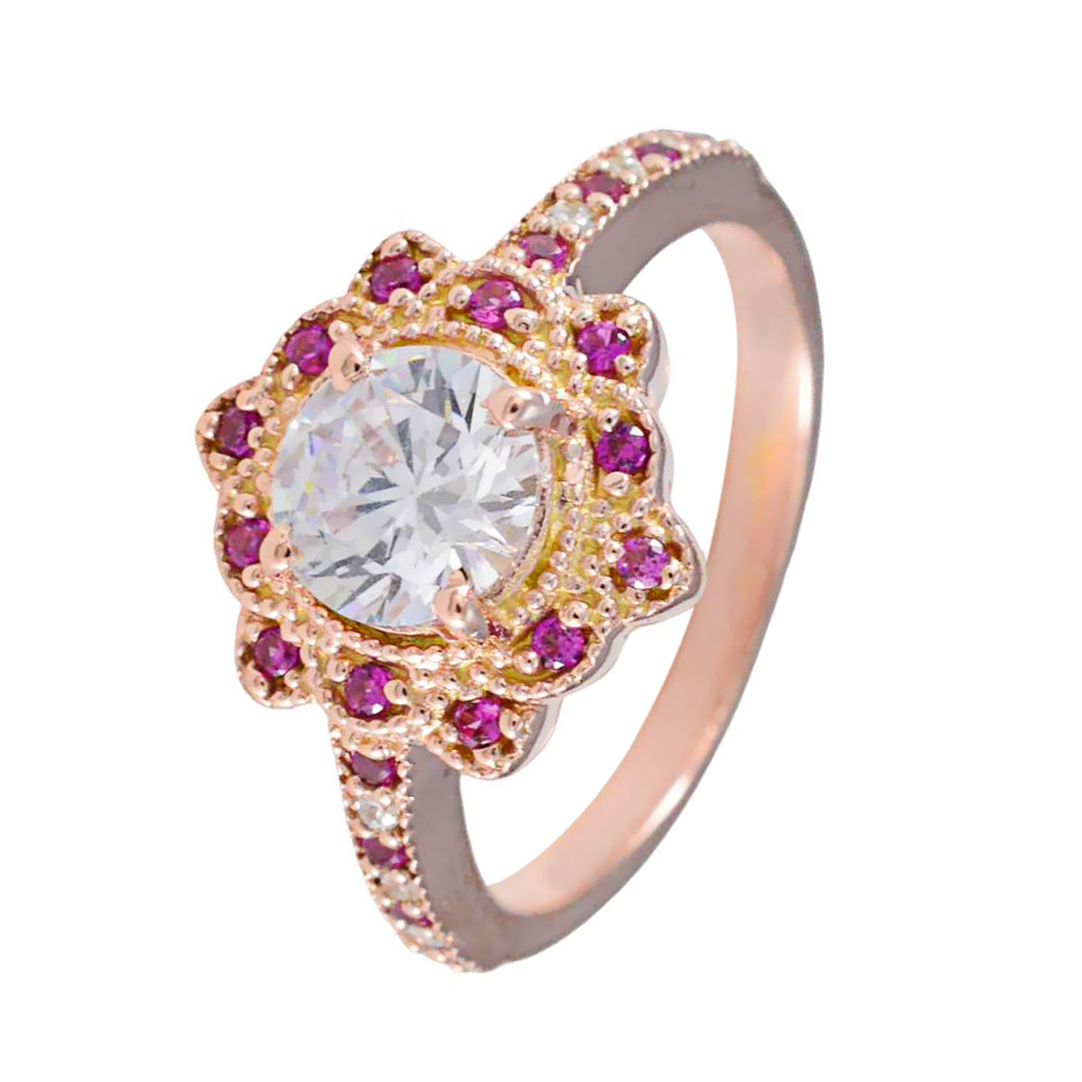 Riyo Classical Silver Ring With Rose Gold Plating Ruby CZ Stone Round Shape Prong Setting  Jewelry Engagement Ring
