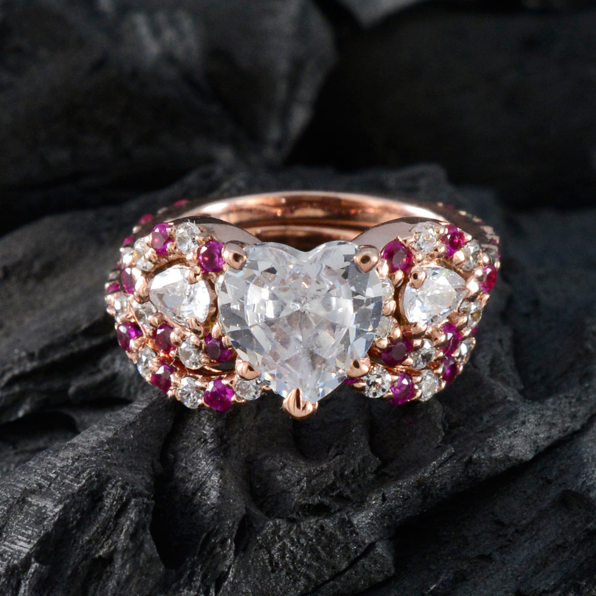 Riyo – bague en argent personnalisée avec placage en or rose, pierre rubis cz, en forme de cœur, réglage de griffes, bijoux de mariée, bague de remise de diplôme