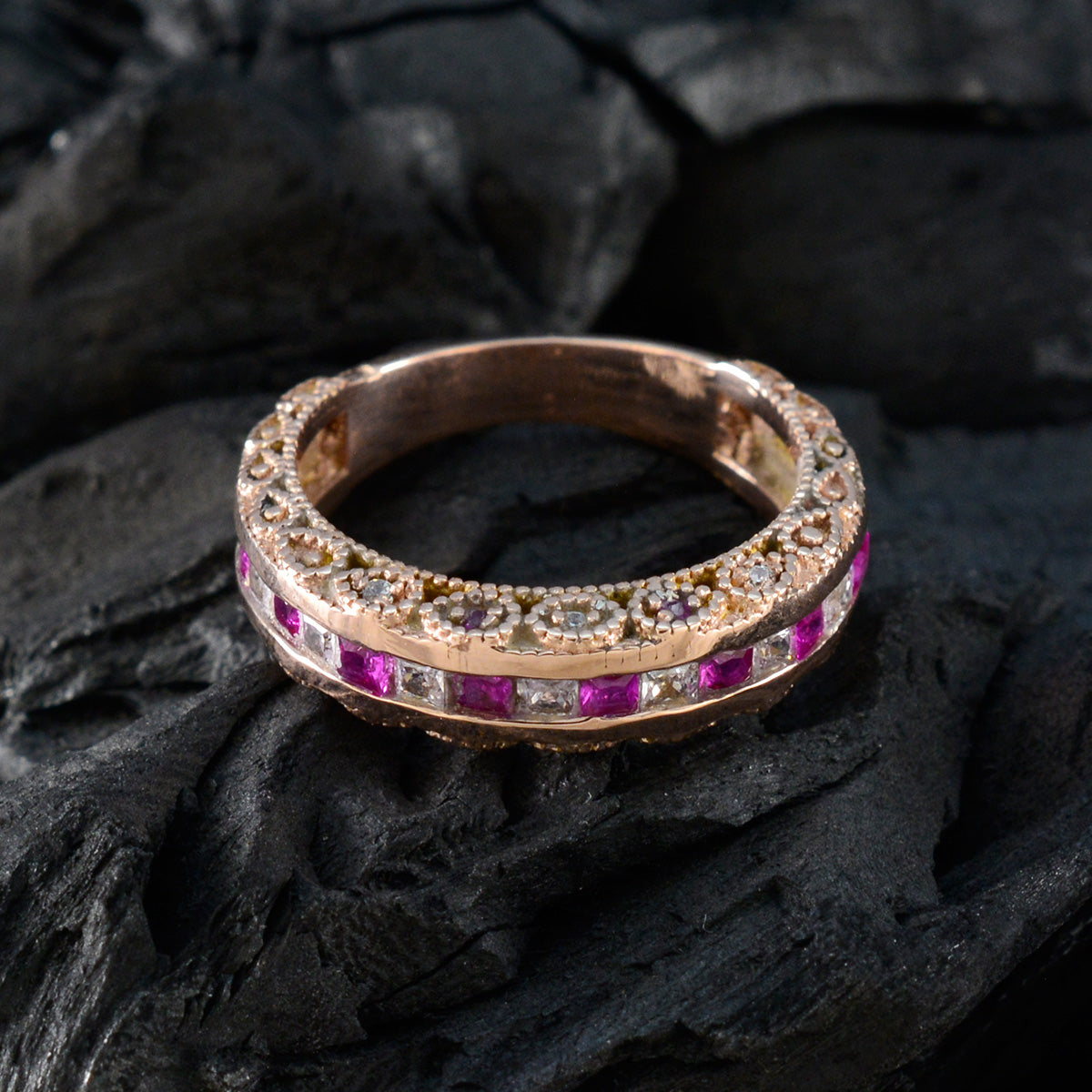 Ruby CZ multiple Korean 925 Silver Red Gems Whisper thin Eternity Band Jewelry