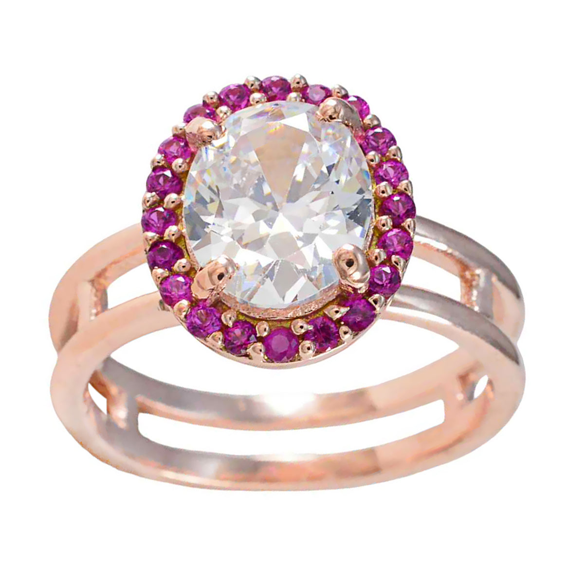 anello in argento di design riyo con placcatura in oro rosa, rubino, pietra cz, forma ovale, montatura a punta, gioielli personalizzati, anello per la festa della mamma