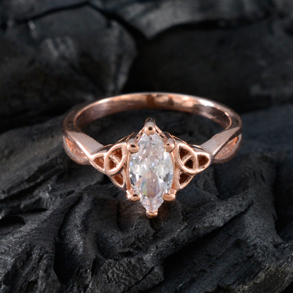 Riyo Excellent Silver Ring With Rose Gold Plating White CZ Stone Marquise Shape Prong Setting Designer Jewelry Valentines Day Ring