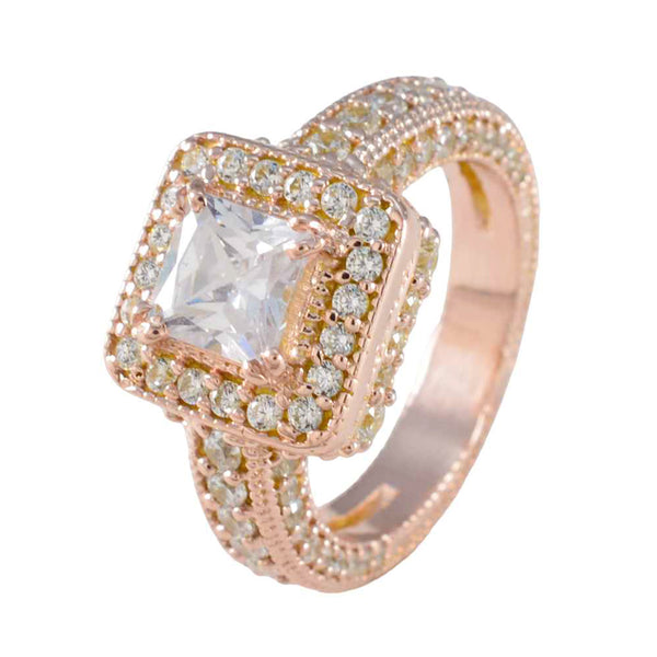 Riyo Best Silver Ring With Rose Gold Plating White CZ Stone square Shape Prong Setting Designer Jewelry Anniversary Ring