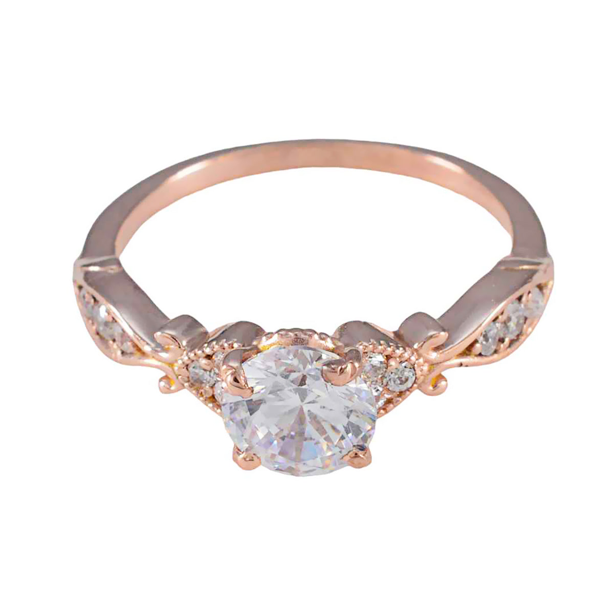 Anillo de plata a granel riyo con chapado en oro rosa, piedra cz blanca, ajuste de punta redonda, joyería, anillo de cumpleaños