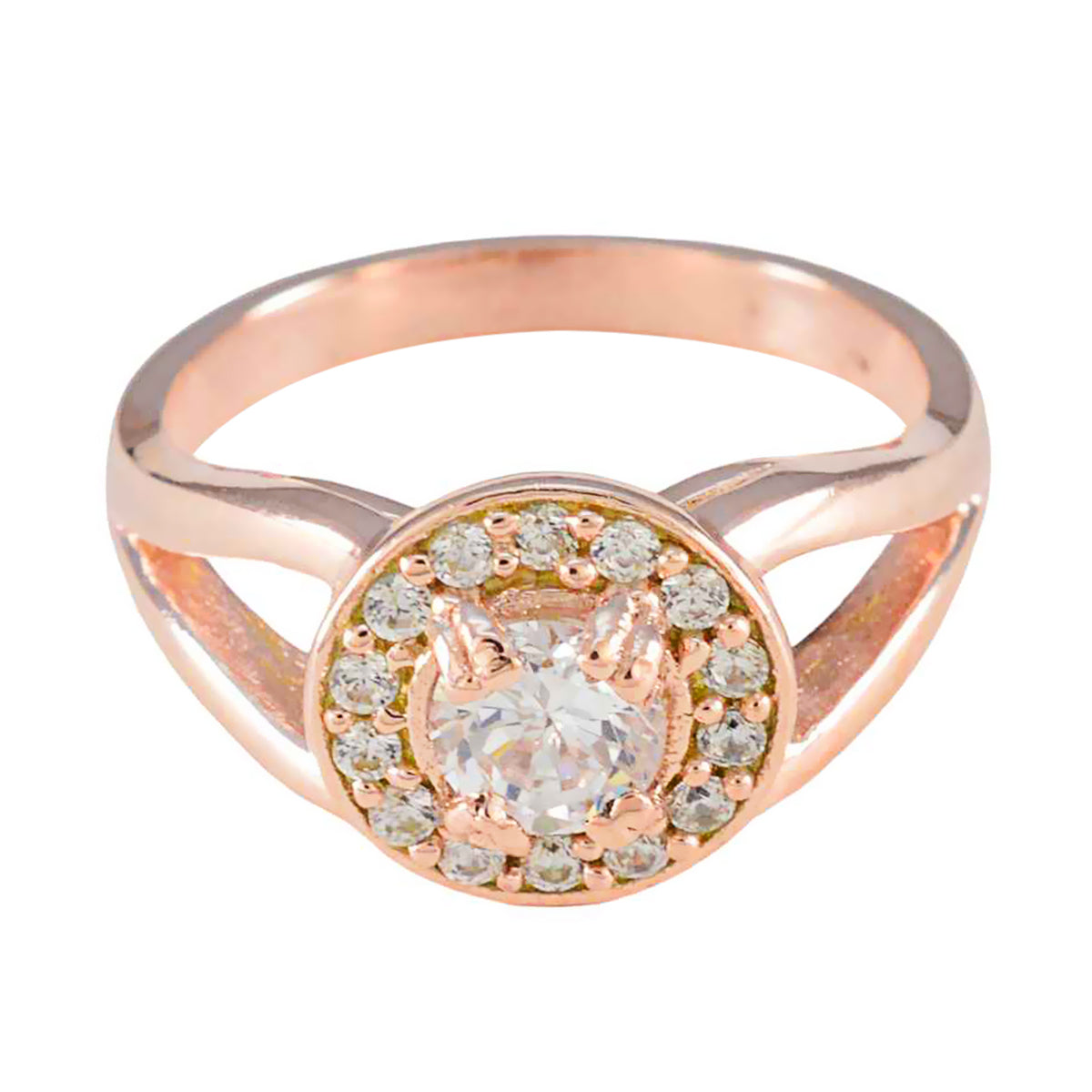 Riyo Classical Silver Ring With Rose Gold Plating White CZ Stone Round Shape Prong Setting Handmade Jewelry Cocktail Ring