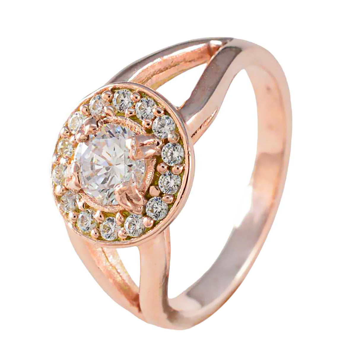 Riyo Classical Silver Ring With Rose Gold Plating White CZ Stone Round Shape Prong Setting Handmade Jewelry Cocktail Ring