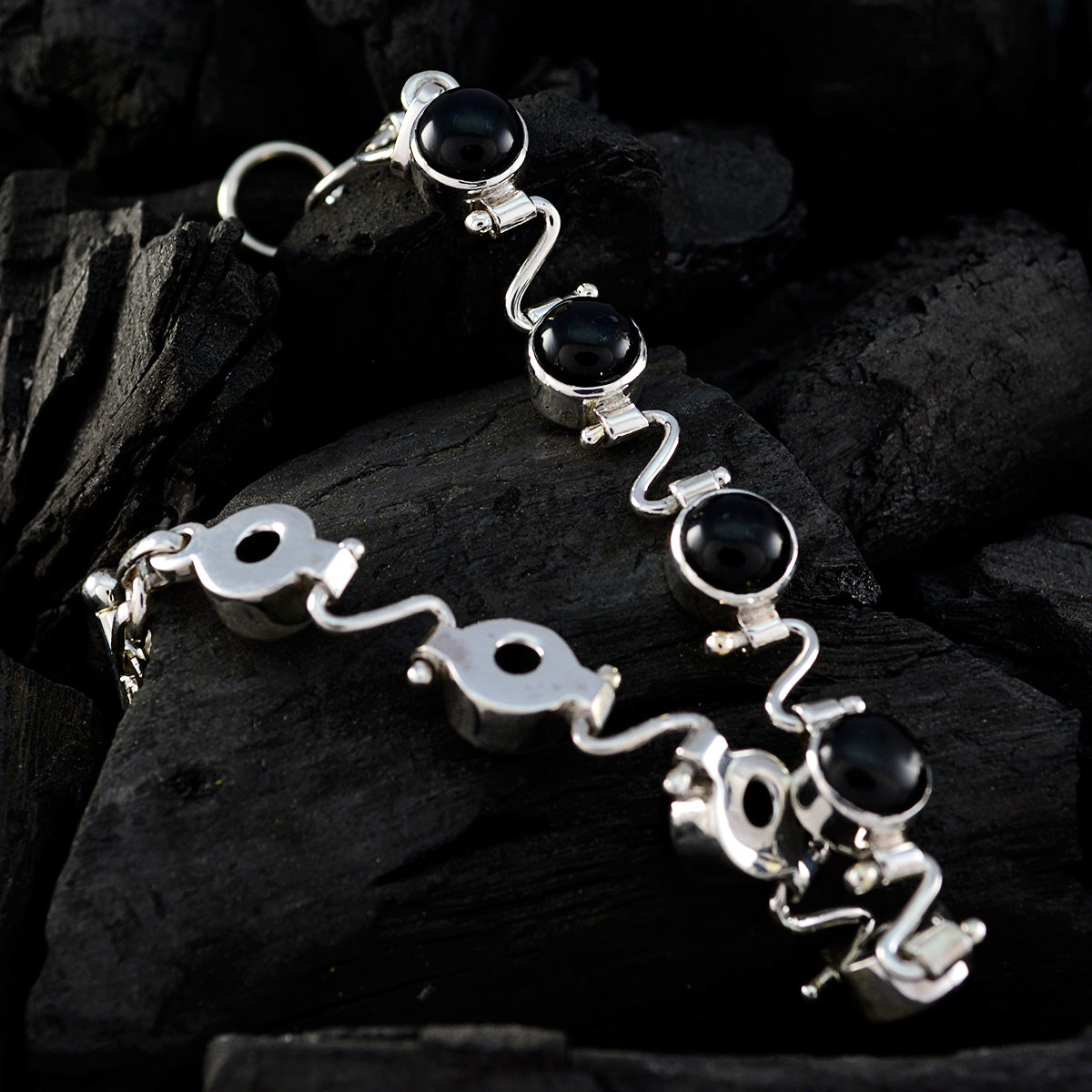Pulsera fina de eslabones de plata 925 negra con diseño de batido de chocolate y ónix negro Imagen secundaria del producto