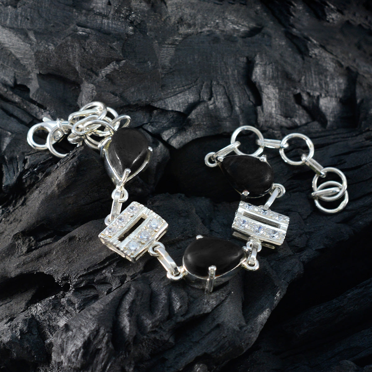 Black Onyx Christmas Day Slim Black Sterling Silver Links Bracelet