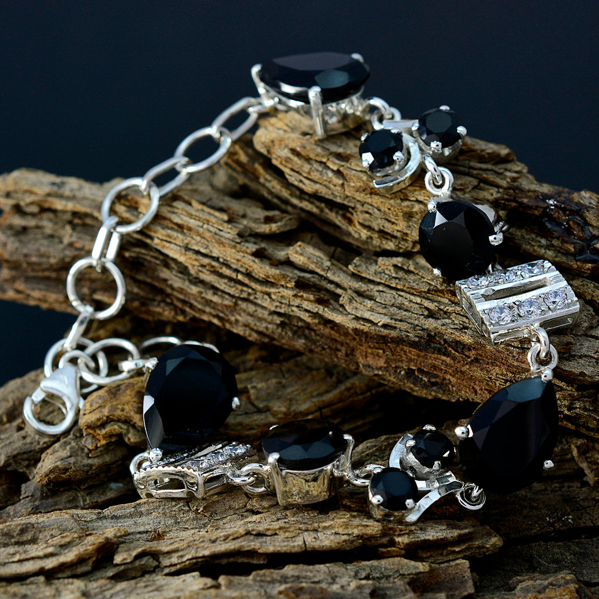 Black Onyx Comfort Fit Minimal Black Sterling Silver Links Bracelet