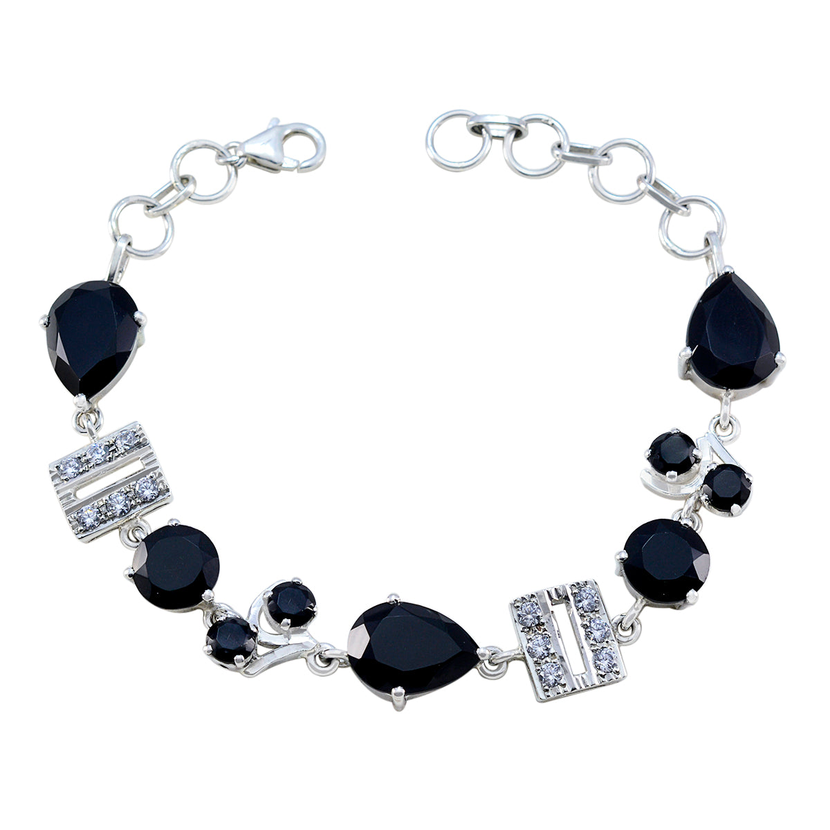 Black Onyx Comfort Fit Minimal Black Sterling Silver Links Bracelet Immagine principale del prodotto