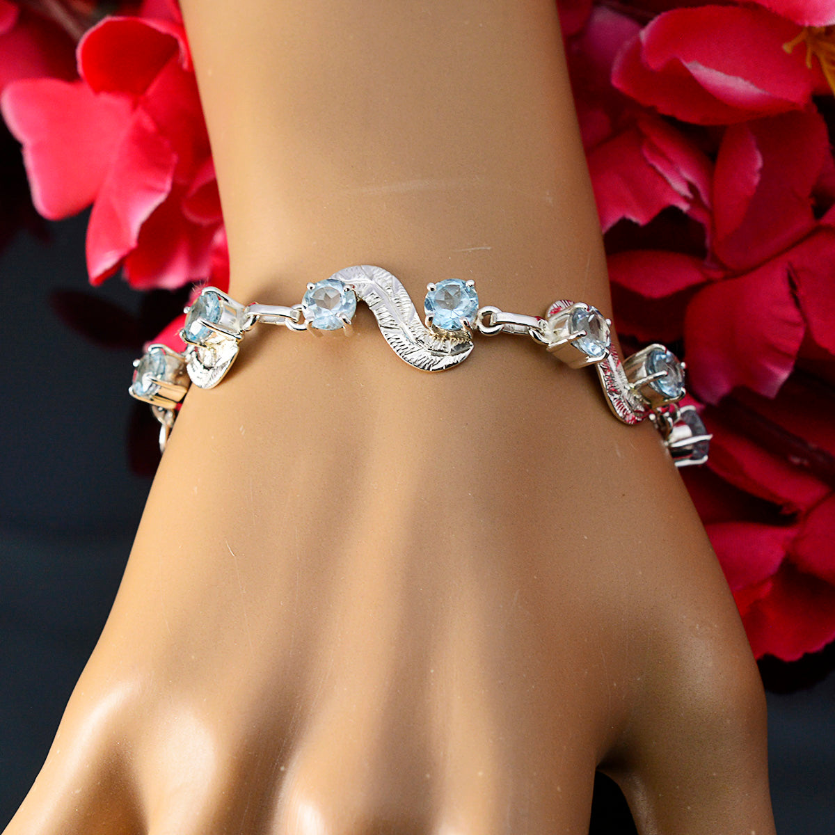 Blue Topaz Europe day Featherlight Blue Silver Links Bracelet