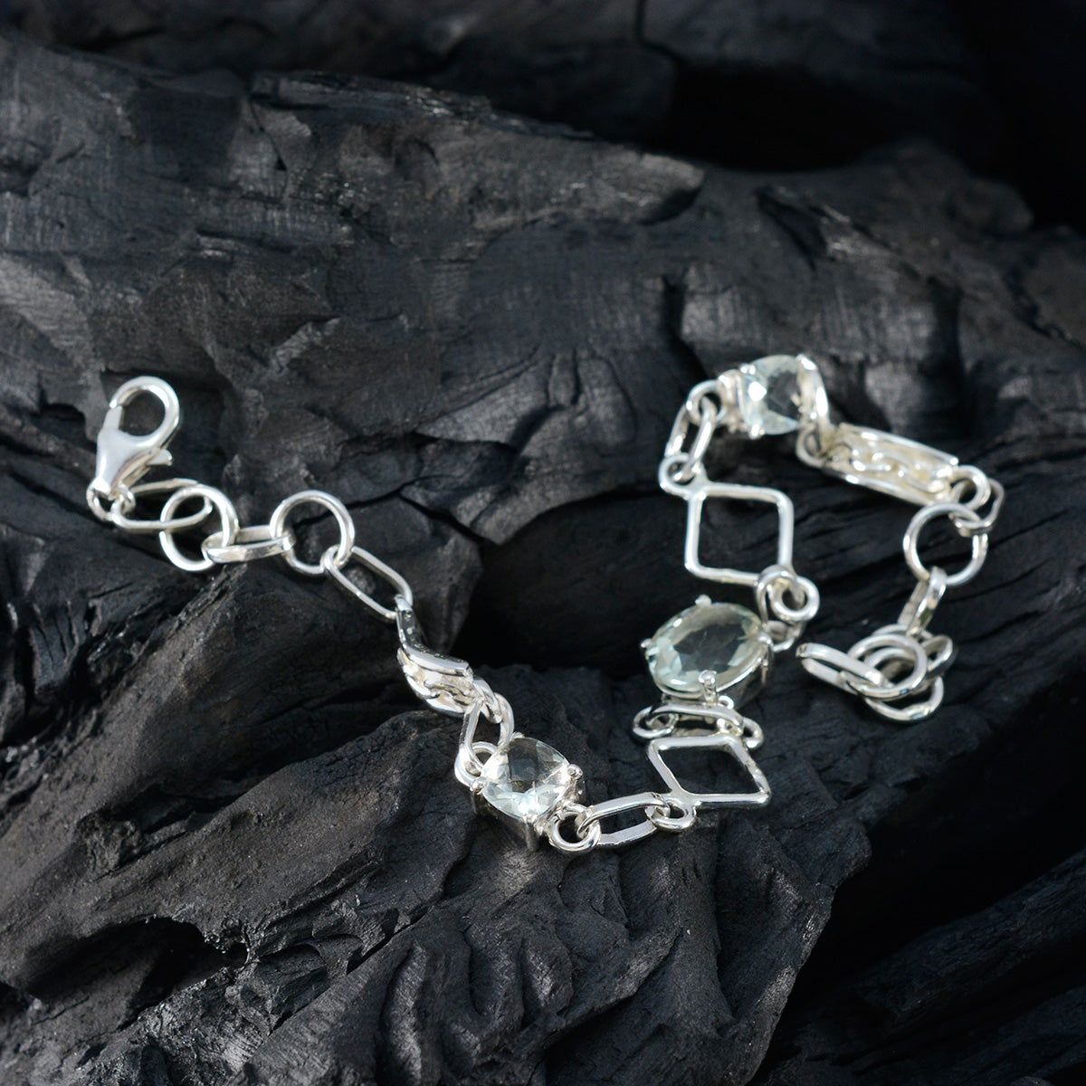 Green Amethyst Waffle Day Dainty Light Green Silver Links Bracelet