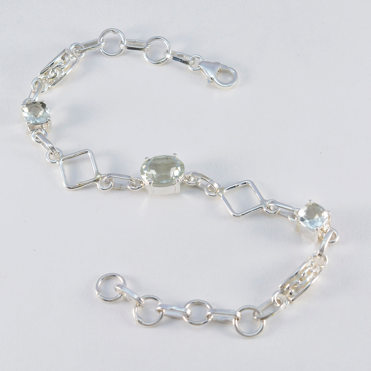 Green Amethyst Waffle Day Dainty Light Green Silver Links Bracelet