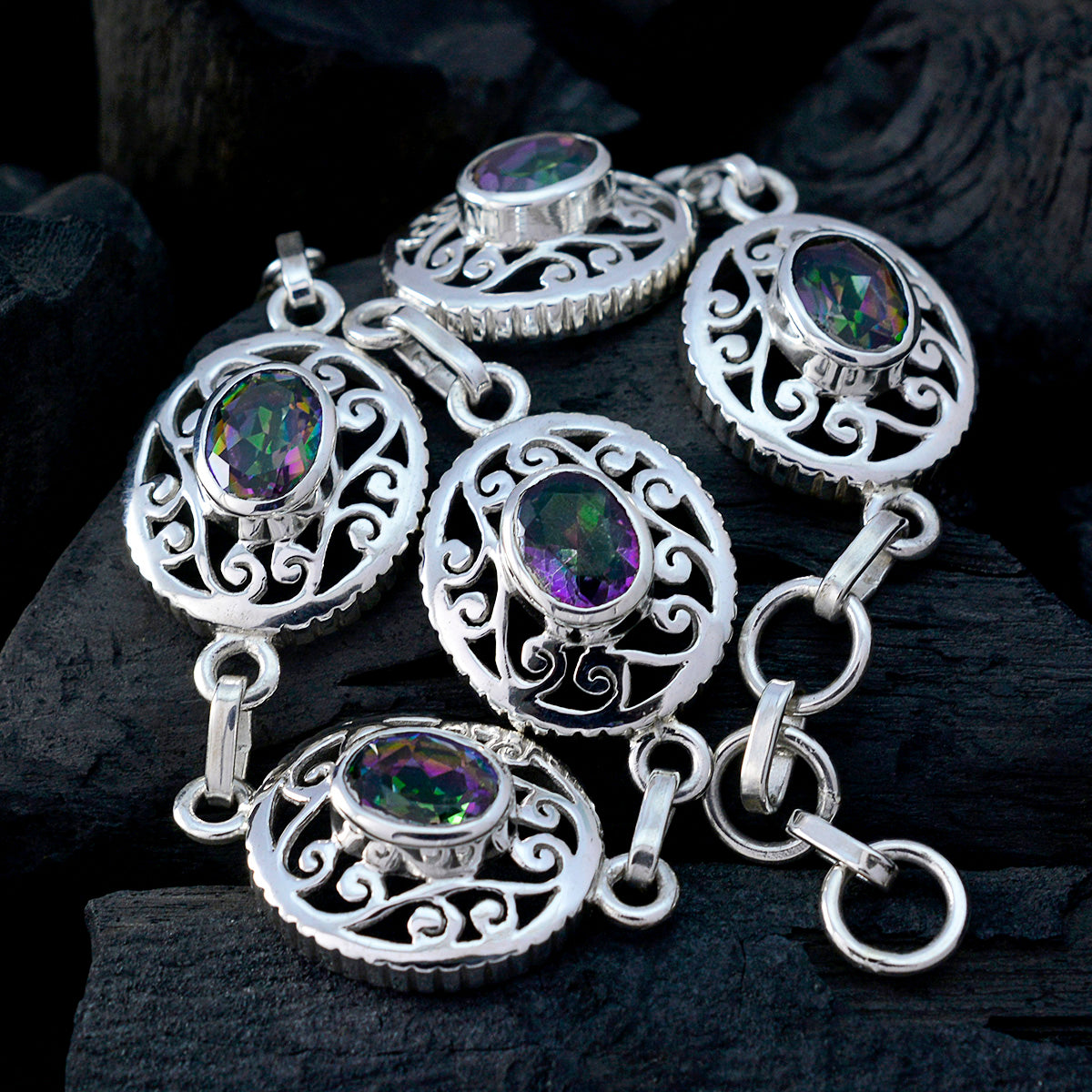 Mystic Quartz Pride Month Mid-weight multicolor Silver Links Bracelet