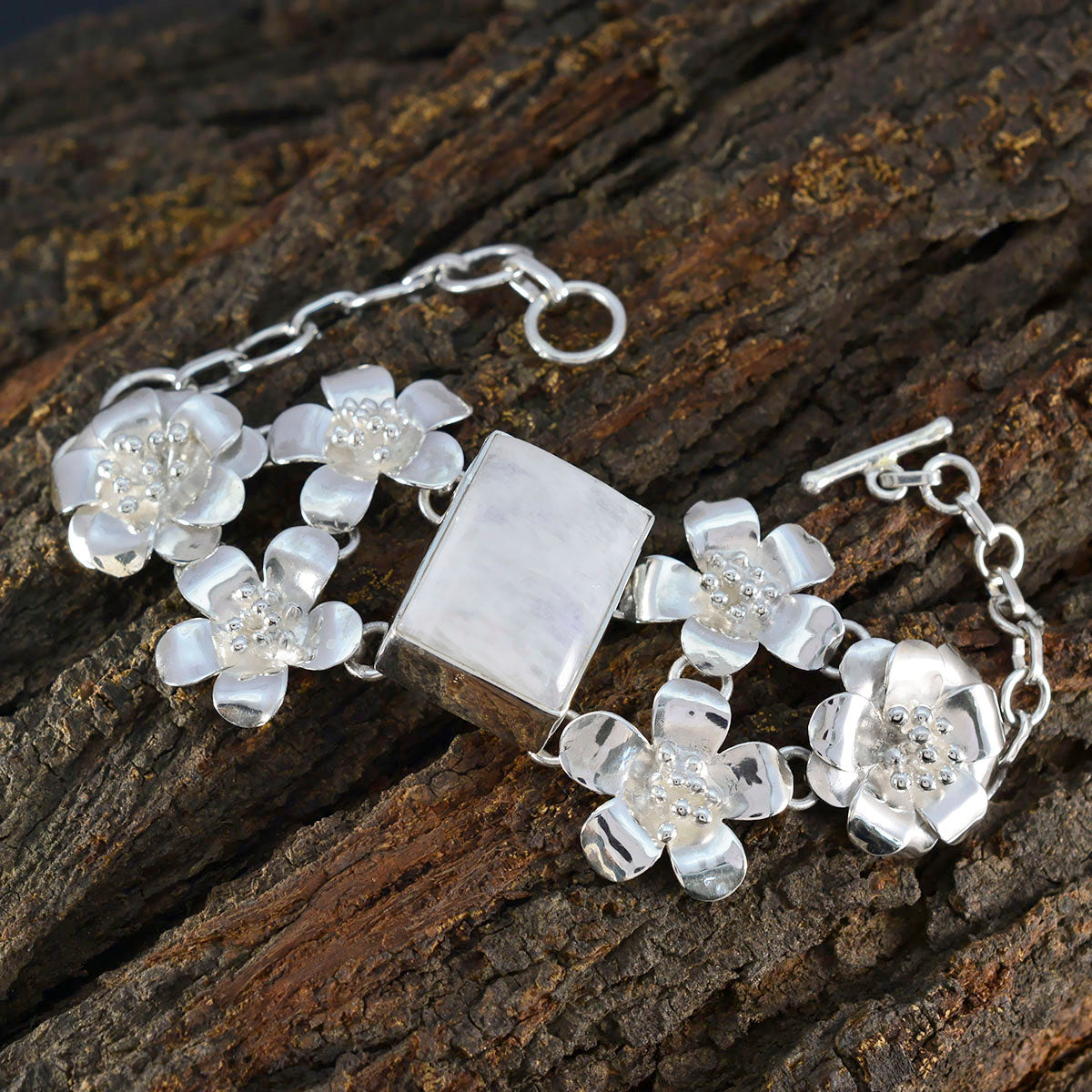 Rainbow Moonstone Star Wars Day Essential White 925 Silver Links Bracelet