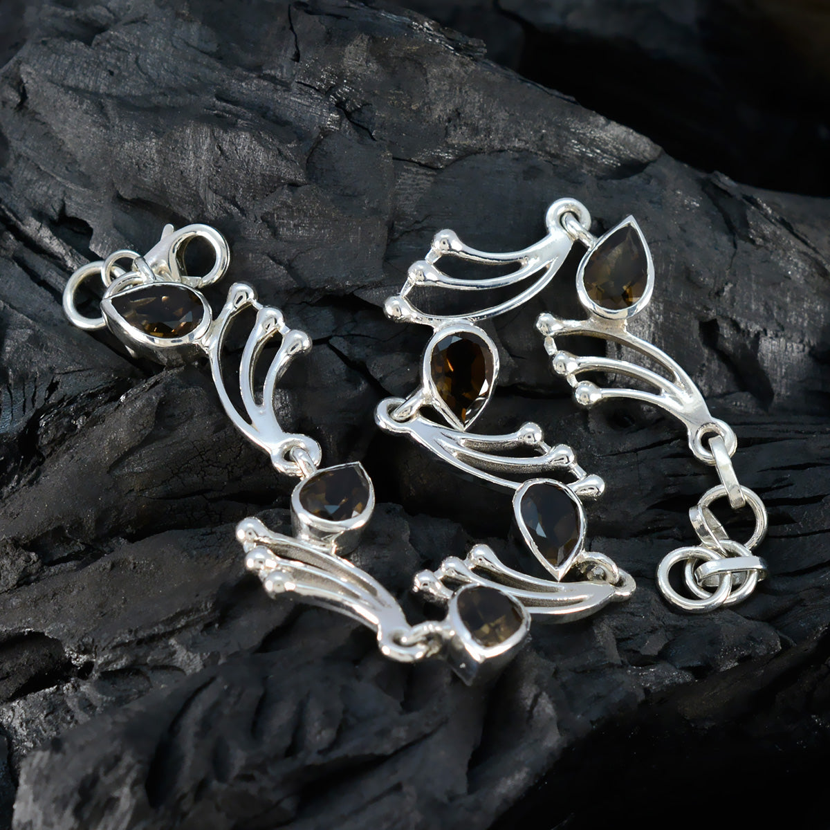 Smoky Quartz The First Day of Spring Minimal Brown Silver Links Bracelet