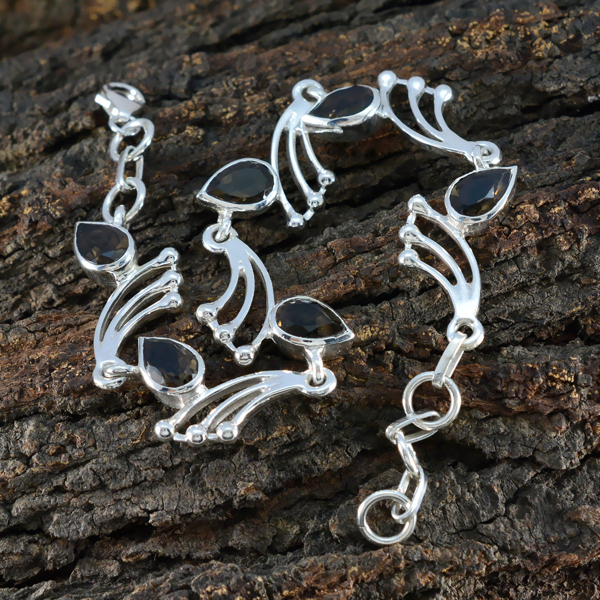 Smoky Quartz The First Day of Spring Minimal Brown Silver Links Bracelet