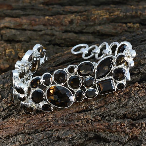 Smoky Quartz Valentine's Day Statement Brown Silver Links Bracelet