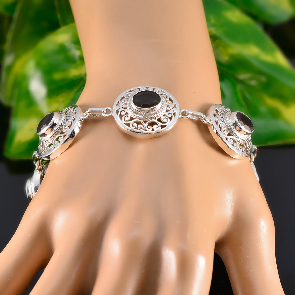 Smoky Quartz Wear Red Day Eye-catching Brown 925 Silver Links Bracelet