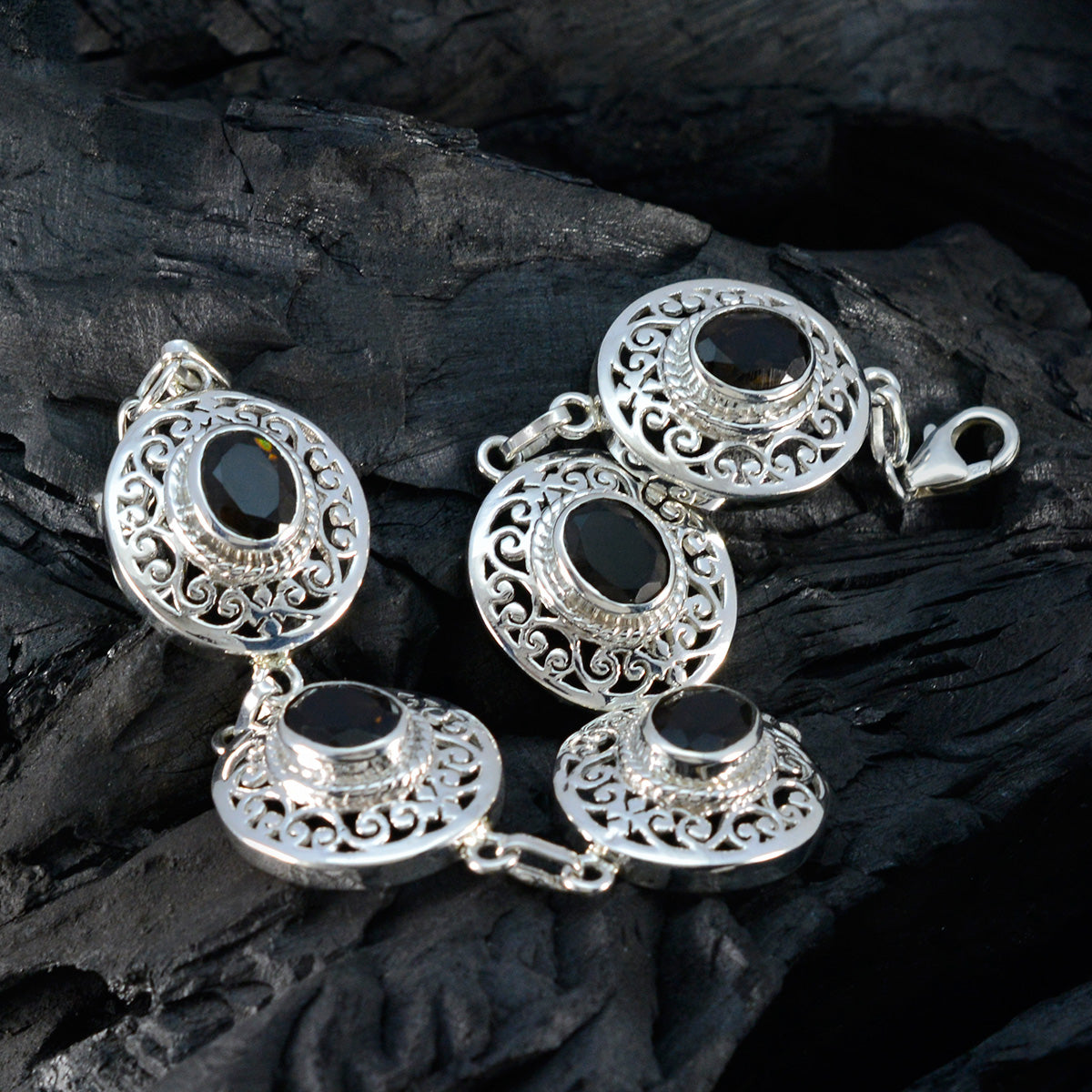 Smoky Quartz Wear Red Day Eye-catching Brown 925 Silver Links Bracelet