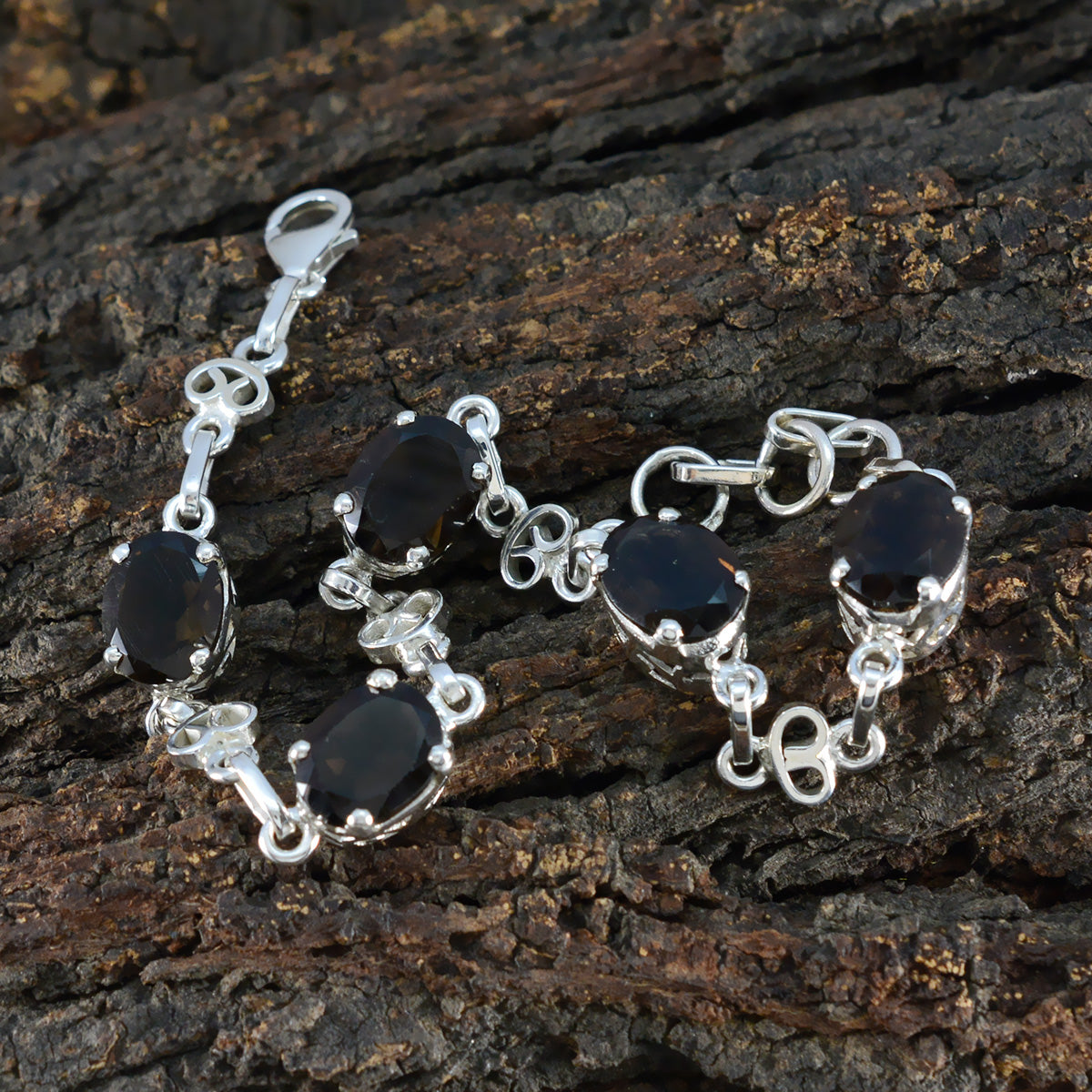 Smoky Quartz White Day Featherlight Brown Silver Links Bracelet