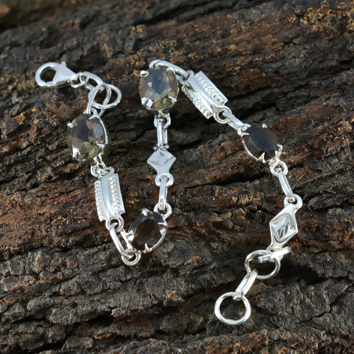 Smoky Quartz Winter Dainty Brown Silver Links Bracelet