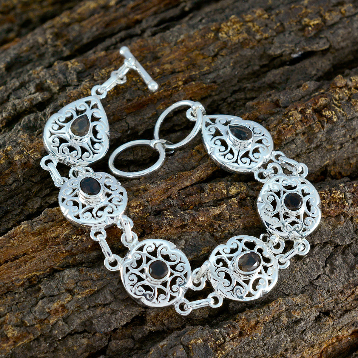 Smoky Quartz Womens Day Minimal Brown Silver Links Bracelet