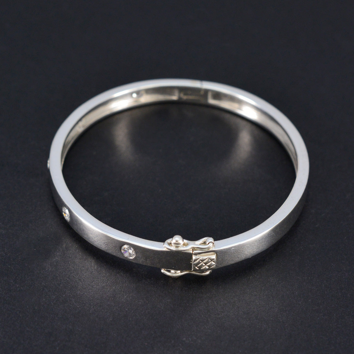 White CZ Food Day Minimal White Sterling Silver Hinged Bangle Bracelet