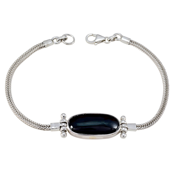 Black Onyx Cherry Blossom Dainty Black 925 Silver Chain Bracelet