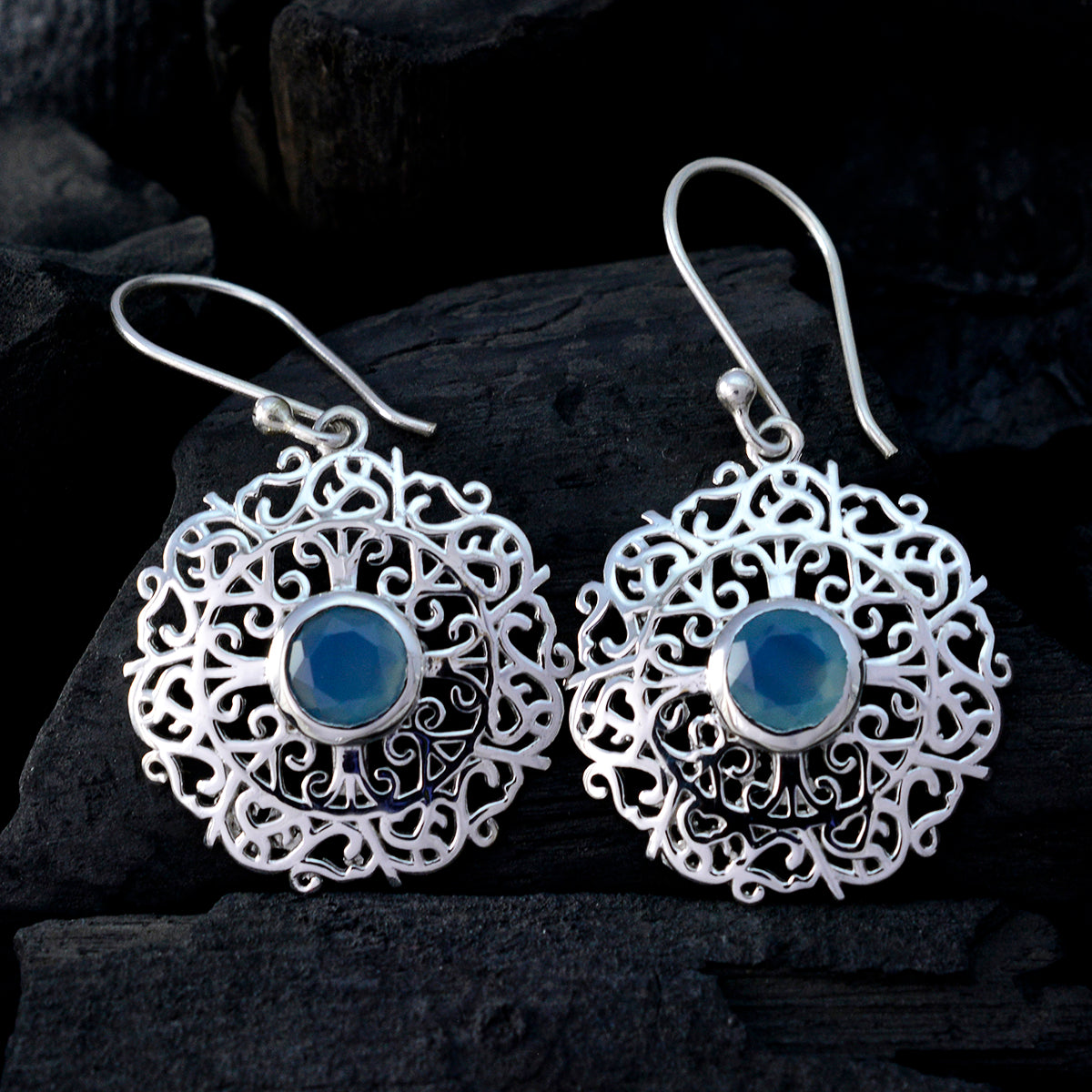 Chalcedoon Japanse Lucia Solitaire Dangle Blauwe Sterling Zilveren Oorbel Secundaire afbeelding