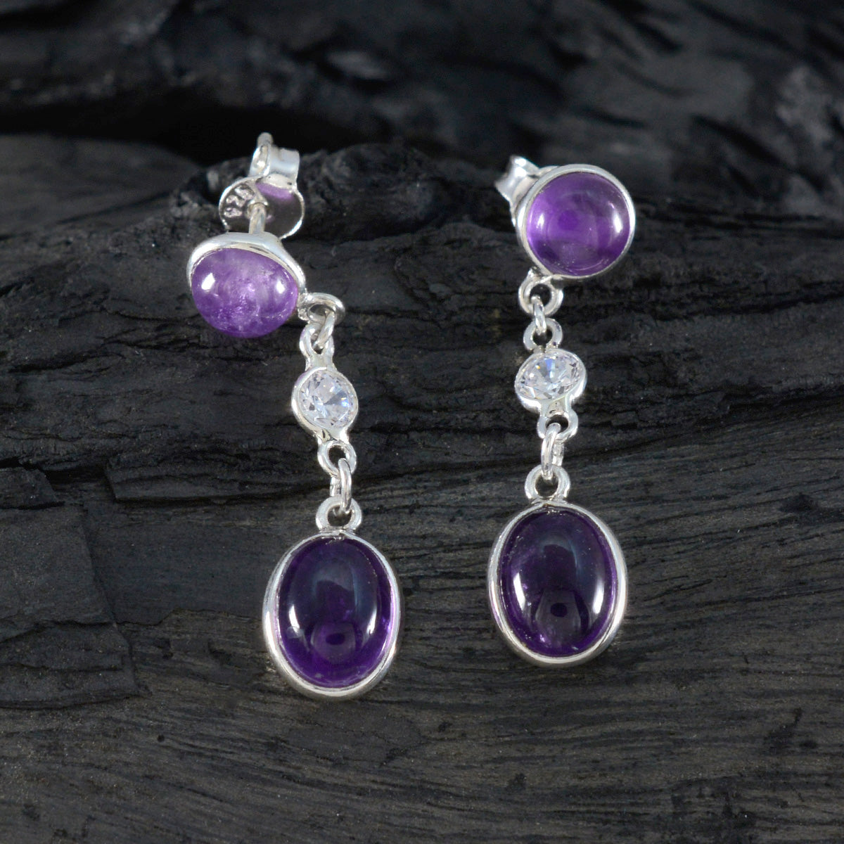 Amethyst Mexican Ling multiple stud Purple Silver Earring Второстепенное изображение товара