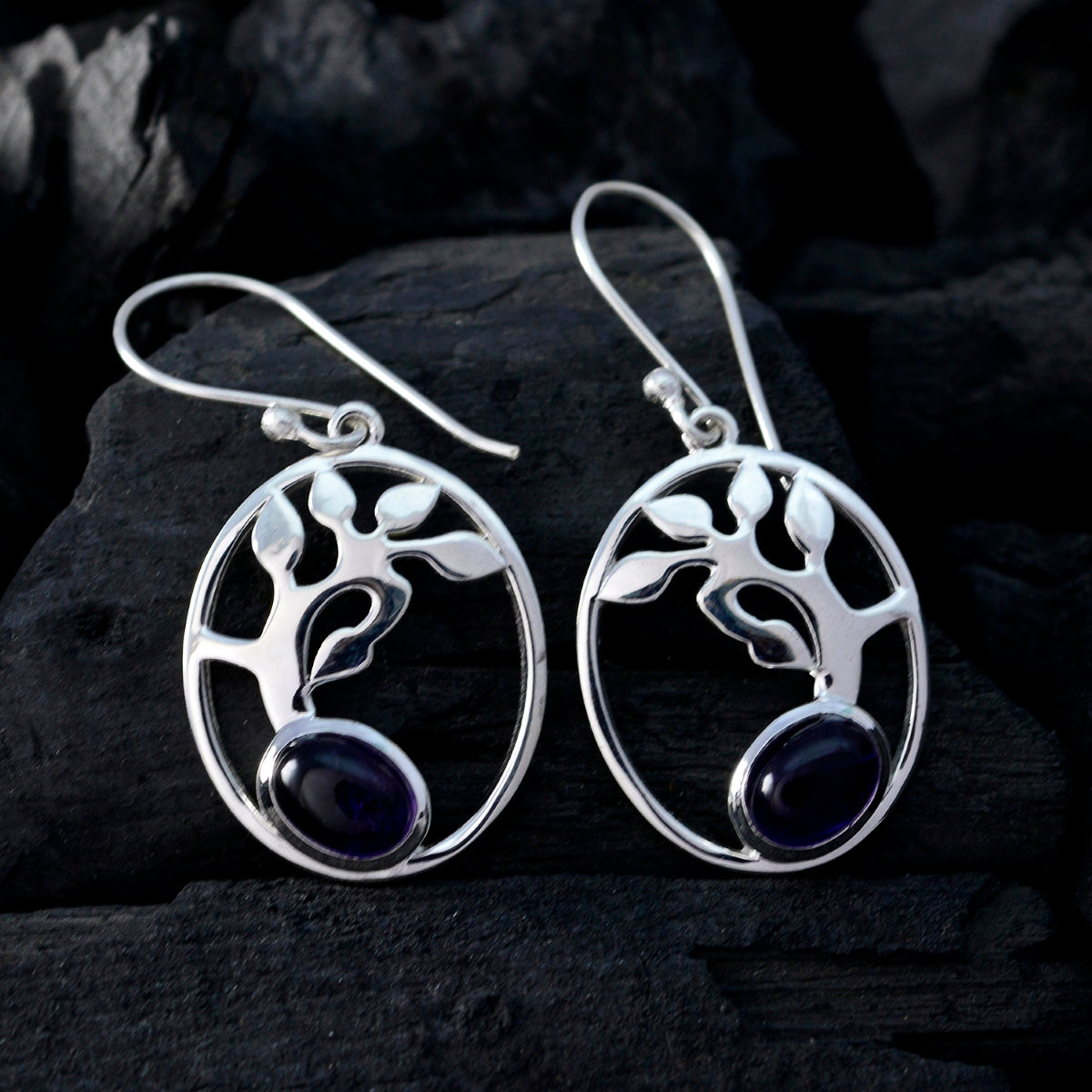 Amethyst-Korean-Lily-Solitaire-Dangle-Purple-925-Sterling-Silver-Earring