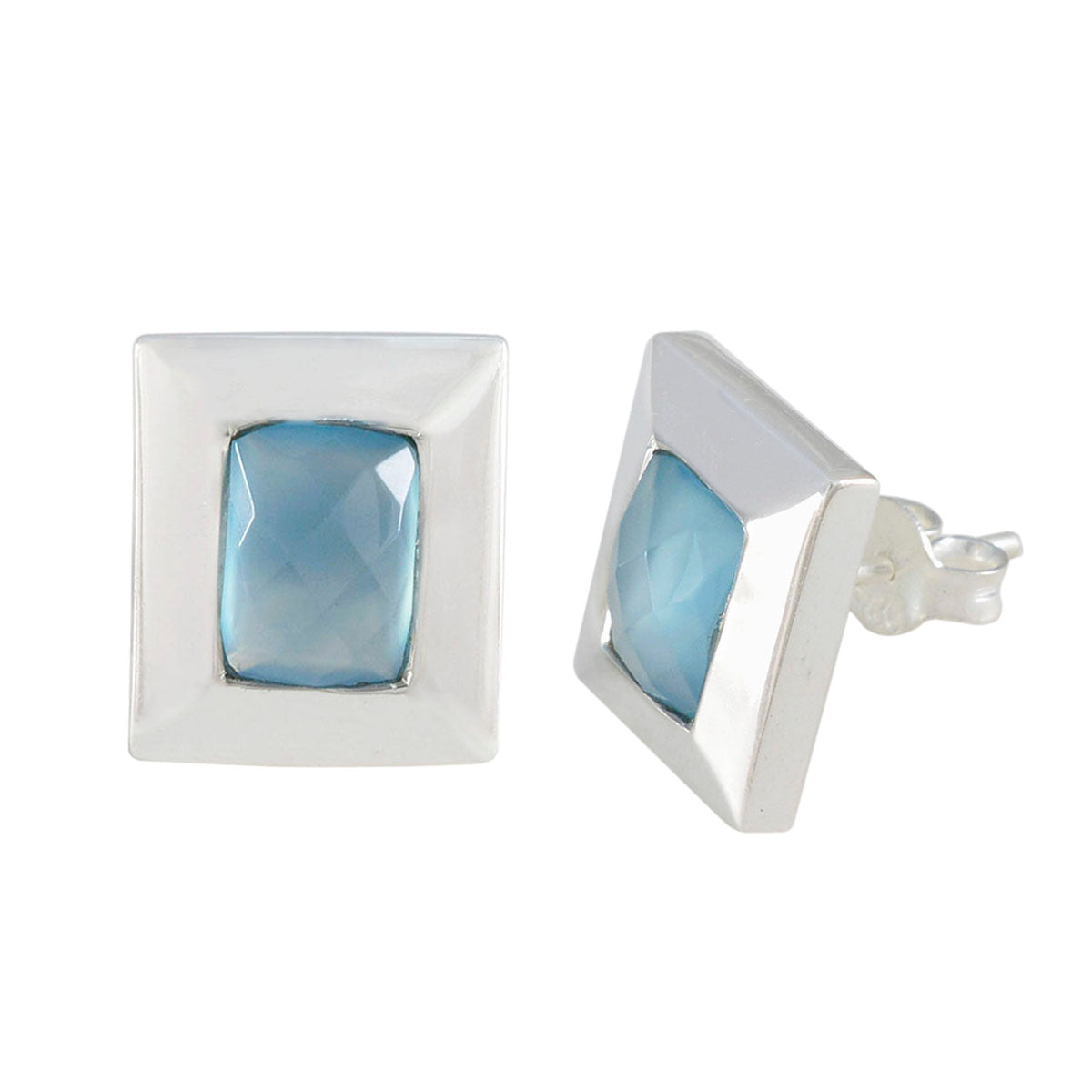 Blauer Chalcedon Spanischer Laura Solitär-Ohrstecker aus blauem Sterlingsilber Zweitbild