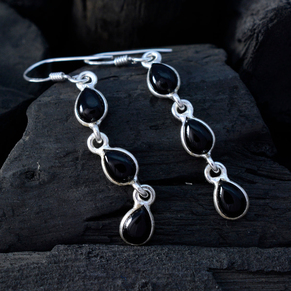 Black-Onyx-Korean-Victoria-multiple-Dangle-Black-925-Silver-Earring