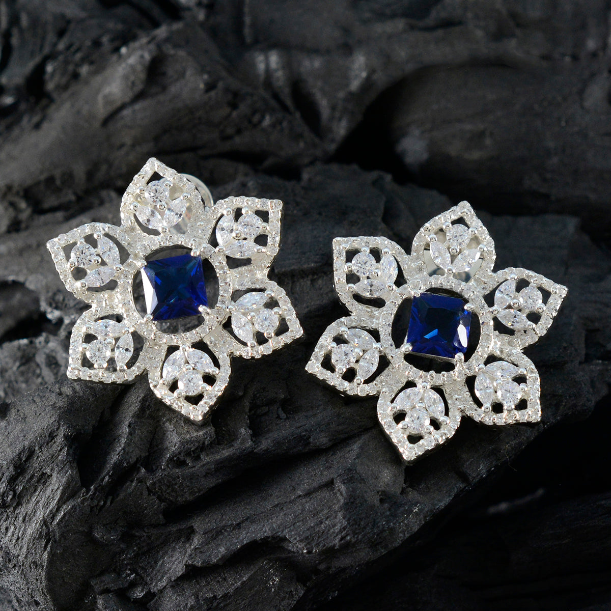 Blue-Sapphire-CZ-American-Mei-multiple-Stud-Blue-92.5-Silver-Earring